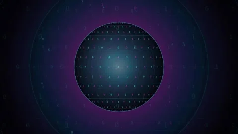 Abstract Digital Sphere with Binary Code Data Stream on Dark Purple Video stock 343157814