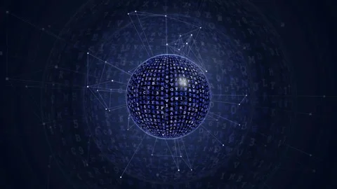 Abstract Digital Sphere with Floating Data Characters and Glowing Network Lines Stock Footage 343152776