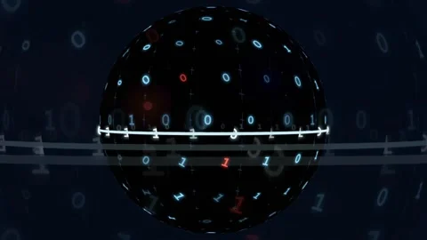 Abstract Digital Sphere with Glowing Binary Code and Data Streams in Dark Cyber Stock-Footage 343156591