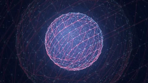 Abstract Digital Sphere with Glowing Plexus Network Lines Rotating on Dark Blue Stockbeeldmateriaal 343164561