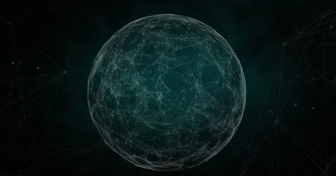 Abstract digital sphere with interconnected lines and nodes on dark background Stock Photos