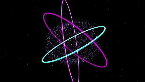 Abstract digital sphere with orbiting rings in dark space during smooth cin.. 스톡 동영상 345670017