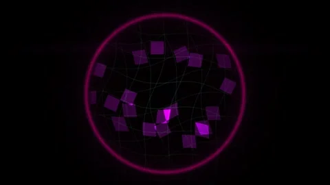 Abstract Digital Sphere with Pulsing Purple Geometric Squares and Grid Overla Stock Footage 341786746