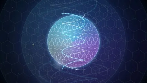 Abstract Digital Sphere with Rotating Energy Spirals and Hexagonal Grid Stock Footage 341826137