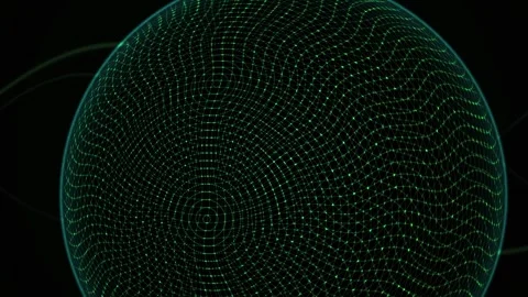 Abstract Digital Sphere Rotating with Glowing Green Particle Grid Network. Stock Footage 341786728