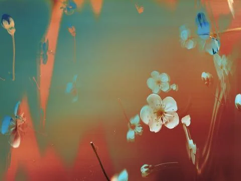 Abstract digital spring. Surreal cherry blossoms with glitch effects Illustrazione stock