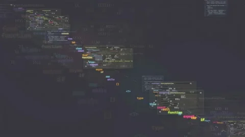 Abstract digital stream of colorful programming code scrolling across a dark Stock Footage 339952281