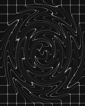 Abstract digital swirl pattern with white grid lines on a black background .. Stock Illustration