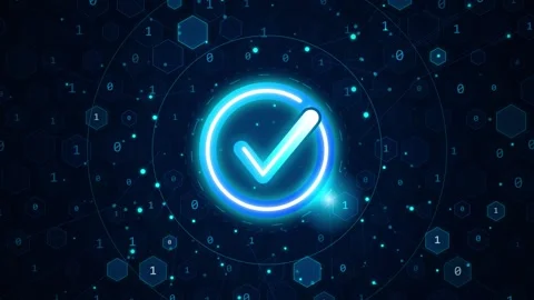Abstract digital technology background featuring a glowing neon blue checkm.. Stock Footage 345045735