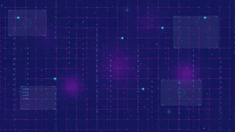 Abstract Digital Technology Background with Glowing Purple Grid and Floating Stock Footage 339324472