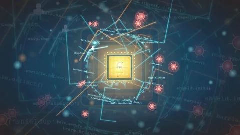 Abstract digital technology background with glowing central processor chip and Video stock 343155837