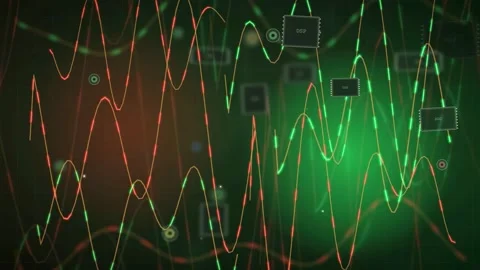 Abstract digital technology background with glowing green and red wave lines Stock Footage 343442081