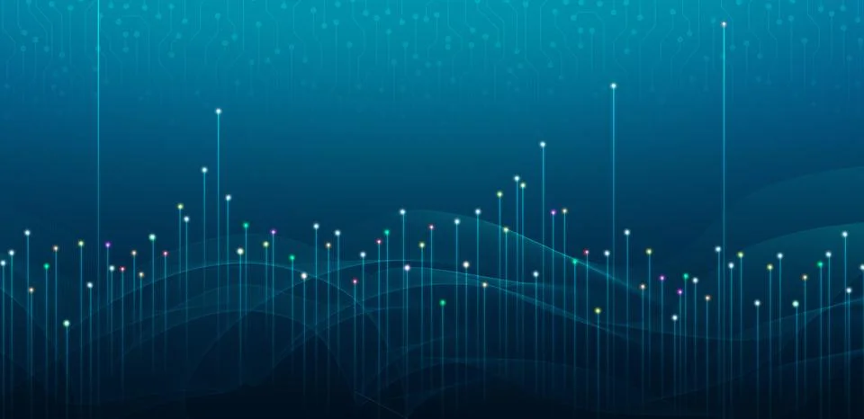 Abstract digital technology background with glowing data points, wave lines.. 스톡 일러스트