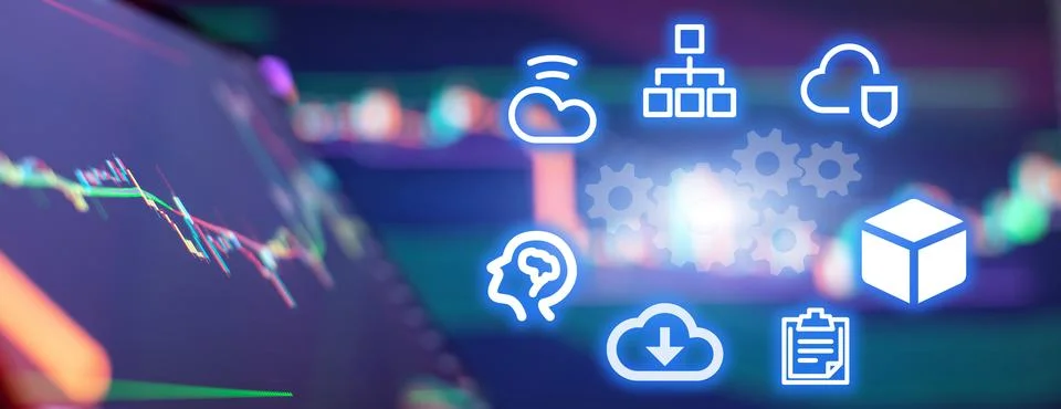 Abstract digital technology interface with financial stock charts and cloud.. Stock Photos