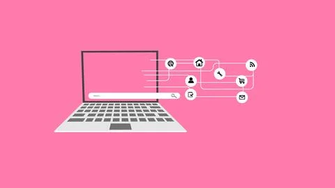 Abstract digital technology laptop icon search bar on red color background, Illustrazione stock