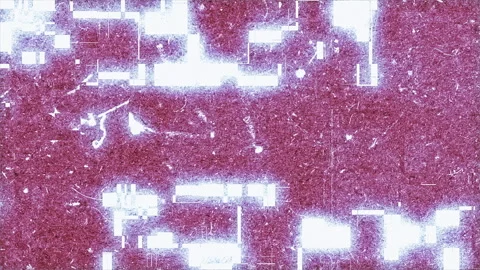 Abstract Digital Texture Featuring Grunge and Glitch Elements in Purple and.. Video stock 309589190