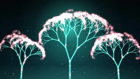 Abstract digital trees composed of glowing light filaments and sparkling pa.. Stockbeeldmateriaal 346981214