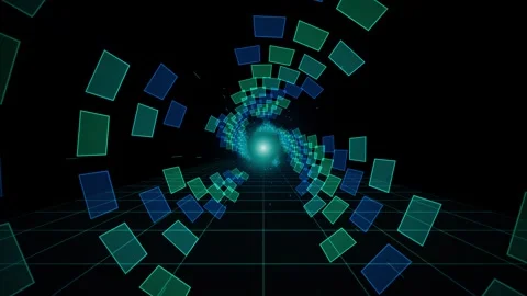 Abstract digital tunnel background with glowing geometric shapes and futuri.. Видео 345743084