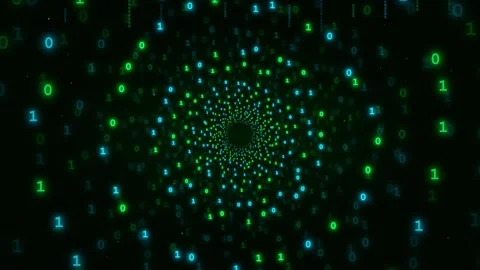 Abstract Digital Tunnel of Binary Code with Glowing Green and Blue Data Stock Footage 336773420