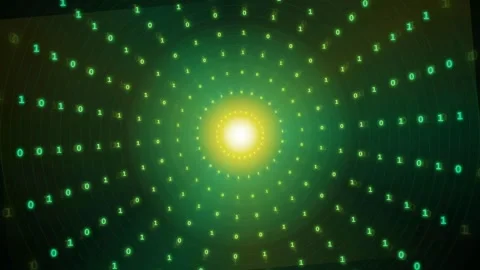 Abstract digital tunnel of binary code streaming towards a bright glowing light Stock-Footage 343152937