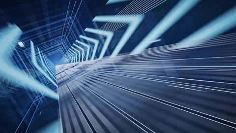 Abstract digital tunnel with blue glowing lines and neon geometric shapes m.. Stock Footage 332390113