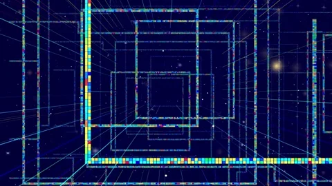Abstract digital tunnel featuring glowing neon geometric data squares floating Stock Footage 346039062