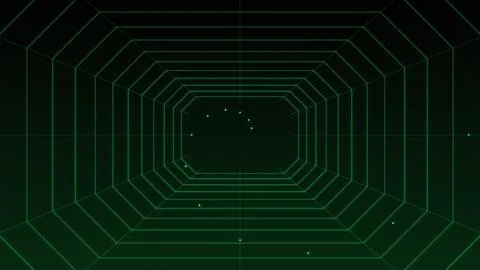 Abstract Digital Tunnel Featuring A Green Grid Pattern With Glowing Particl.. 库存插图