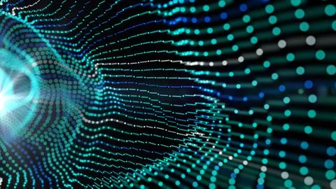 Abstract digital tunnel flowing particles wave moving background Stock Photos