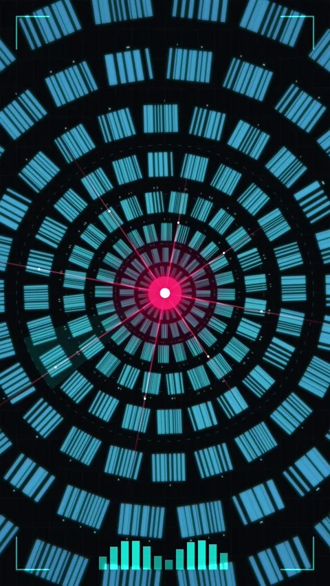 Abstract Digital Tunnel with Glowing Barcode Pattern and Neon Light Center Stock Footage 346203176