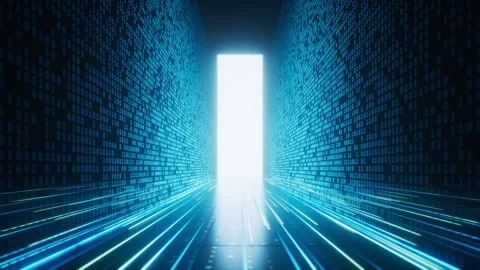 Abstract digital tunnel with glowing binary code walls and futuristic light.. Stock Footage 332390336