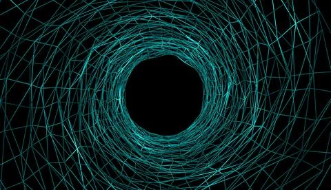 Abstract digital tunnel with glowing blue wireframe mesh structure blue tunne Stock Illustration