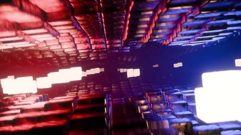 Abstract digital tunnel with glowing cubes and red blue neon lights Video stock 327607874