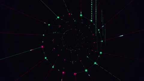 Abstract Digital Tunnel with Glowing Nodes and Binary Code 動画素材 343906153