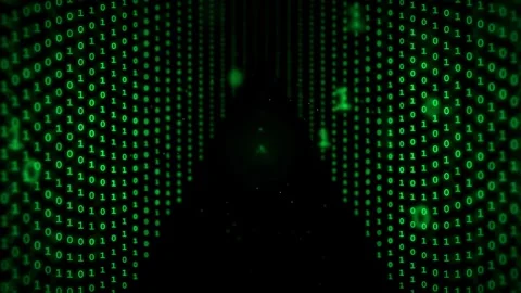Abstract digital tunnel of green binary code streaming through a dark Stock Footage 336779908