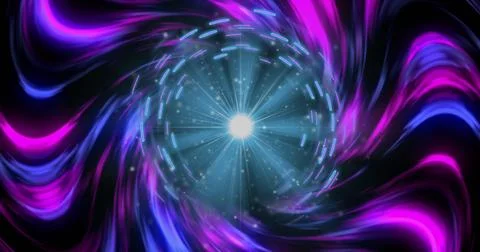 Abstract digital vortex swirling in dark void, with glowing orb, neon ribbons Stock-Fotos