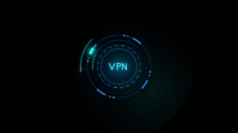 Abstract digital VPN interface with glowing neon blue circular HUD and a da.. 動画素材 335826462