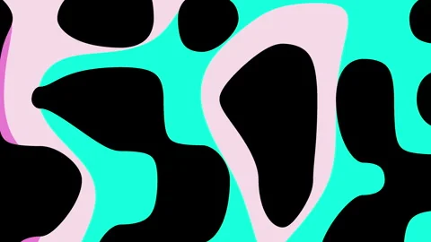 This abstract digital wallpaper features layered pink and cyan shapes on black. Stock Footage 334991346