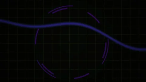 Abstract Digital Wave Animation with Circular HUD Elements on Dark Background Stock Footage 340488764