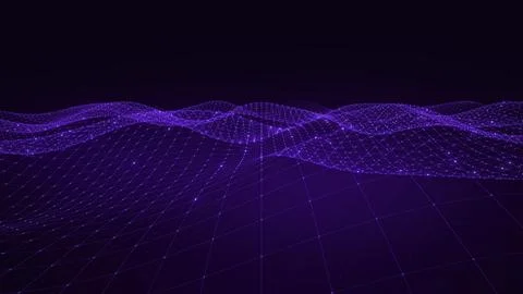 Abstract Digital Wave Background With Glowing Purple Particles And Connecte.. Illustrazione stock