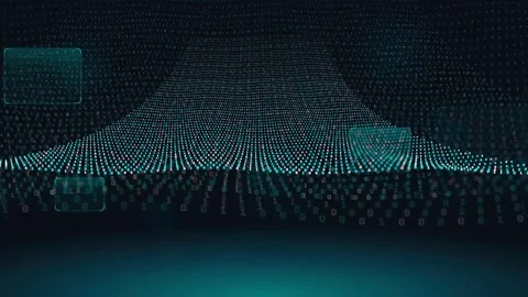 Abstract digital wave of glowing blue particles and binary code flowing in dark Stock Footage 339318521