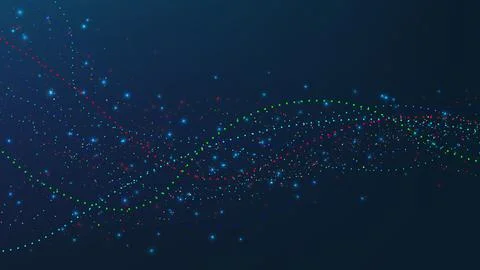 Abstract digital wave of glowing multi colored particles flowing on dark bl.. Stock Illustration