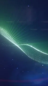 Abstract digital wave with green light beams and white grid pattern on a dark Stock Illustration