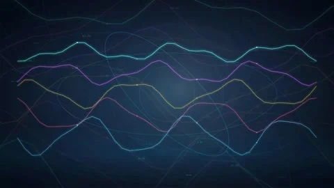 Abstract digital wave lines with glowing particles moving across a dark blue Видео 340403086