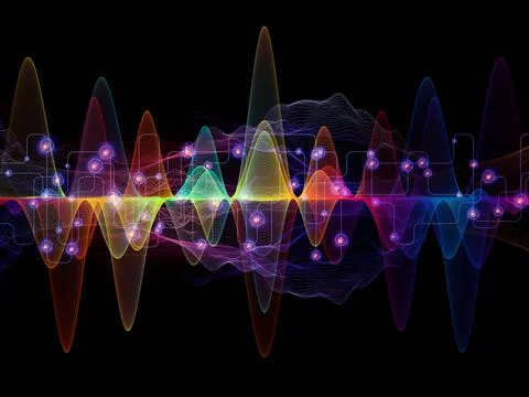 Abstract Digital Waveform with Neon Data Network on Black Background Stock Illustration