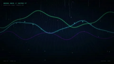 Abstract Digital Waveforms with Glowing Neon Lines and Data Particles on Dark Vidéo 345765731