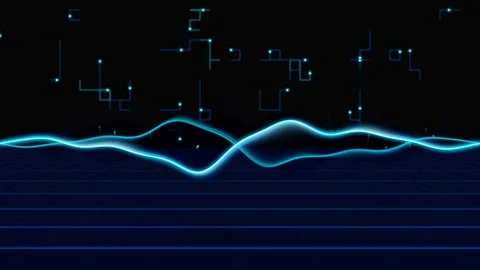 Abstract digital waveforms pulse over a futuristic neon grid cyberspace. 스톡 동영상 341667824