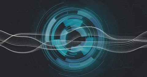Abstract digital waves and circular patterns, futuristic data visualization Illustrazione stock