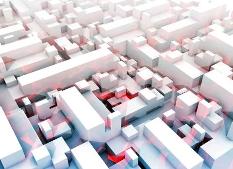 Abstract digital white 3d cityscape, red pattern Illustrazione stock