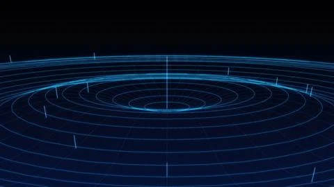 Abstract digital wireframe background featuring concentric circular lines w.. Illustrazione stock