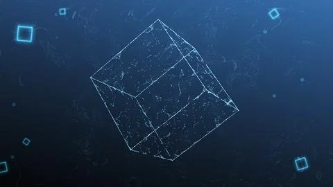 Abstract digital wireframe cube with glowing network connections and data n.. Stockillustratie